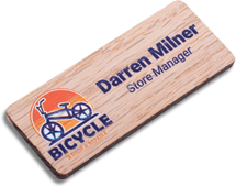 Printed Wooden Name Badges - Real wood name badge with printed logo and text | www.namebadgesinternational.us